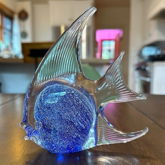Vintage Patricia Faye Art Glass Fish Paperweight Hand Blown Blue Silver Signed - Picture 4 of 13